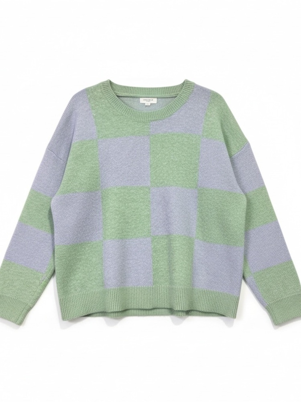 Anniewear Checkered Pattern Long Sleeve Crew Neck Sweater Green Purple Large